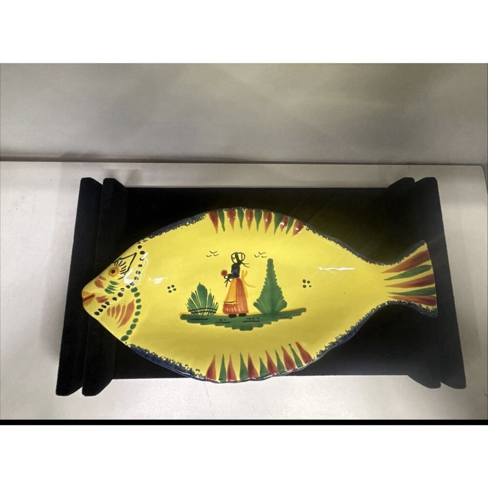 vintage HB Henriot Quimper yellow fish-shaped serving platter 10.7in Hand Painte